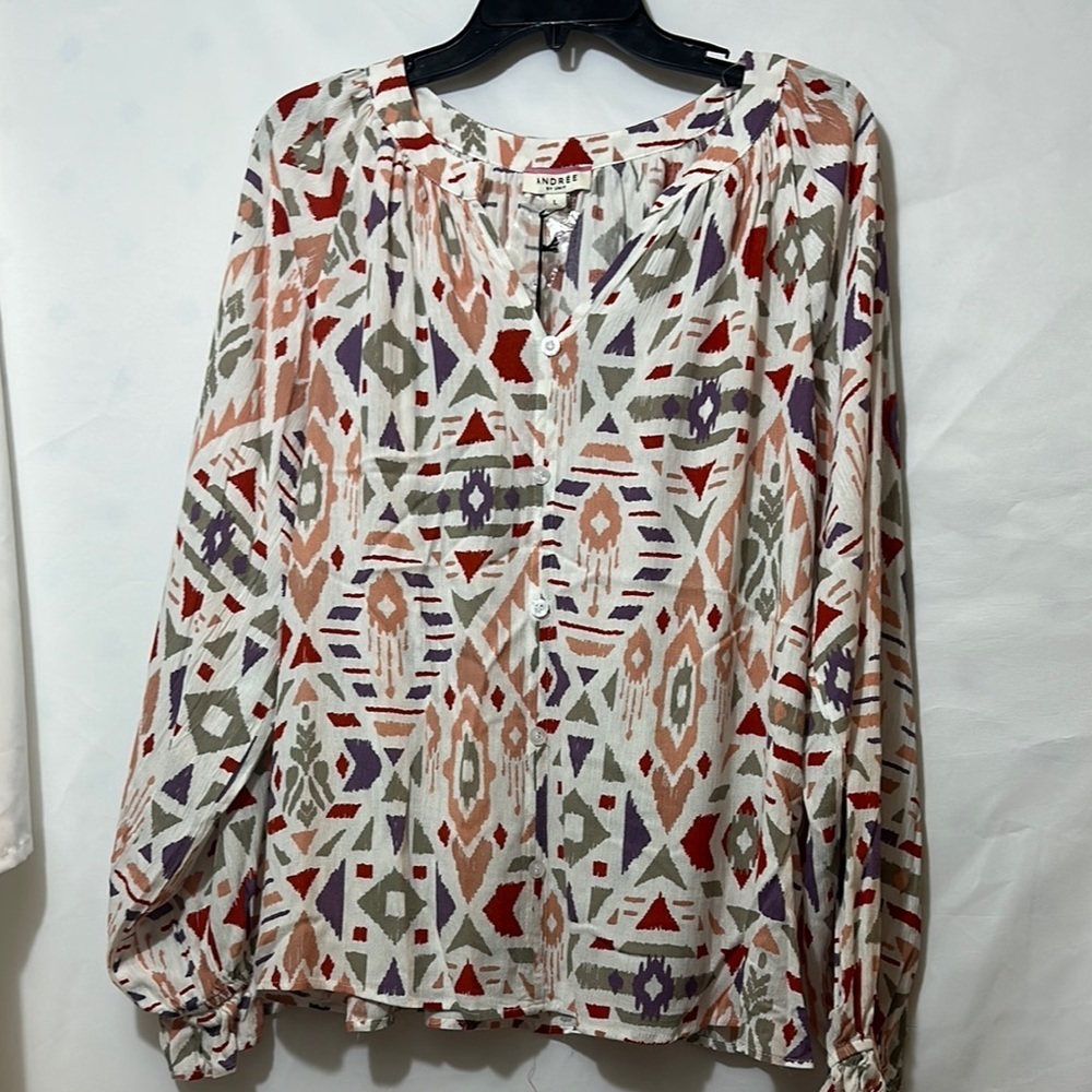 ANDREE BY UNIT White and Orange Bishop Sleeve Blouse - Picture 2 of 5